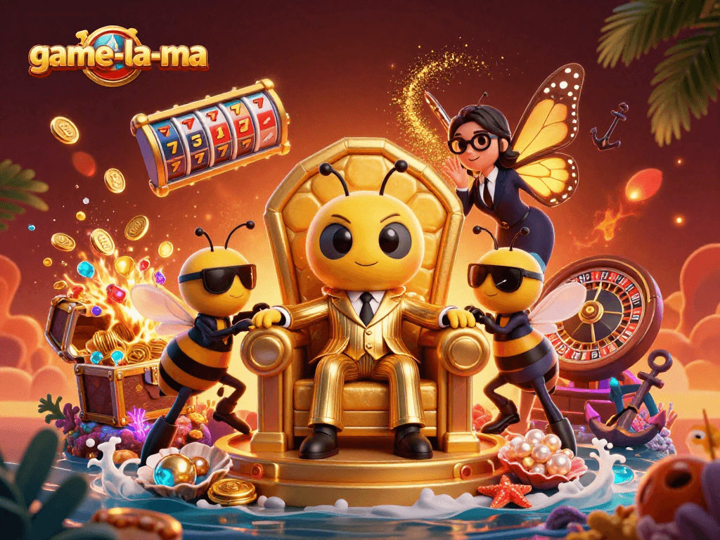 Engage with game-la-ma in a vibrant 3D casino illustration featuring a bumblebee mob boss amidst winning gaming elements.