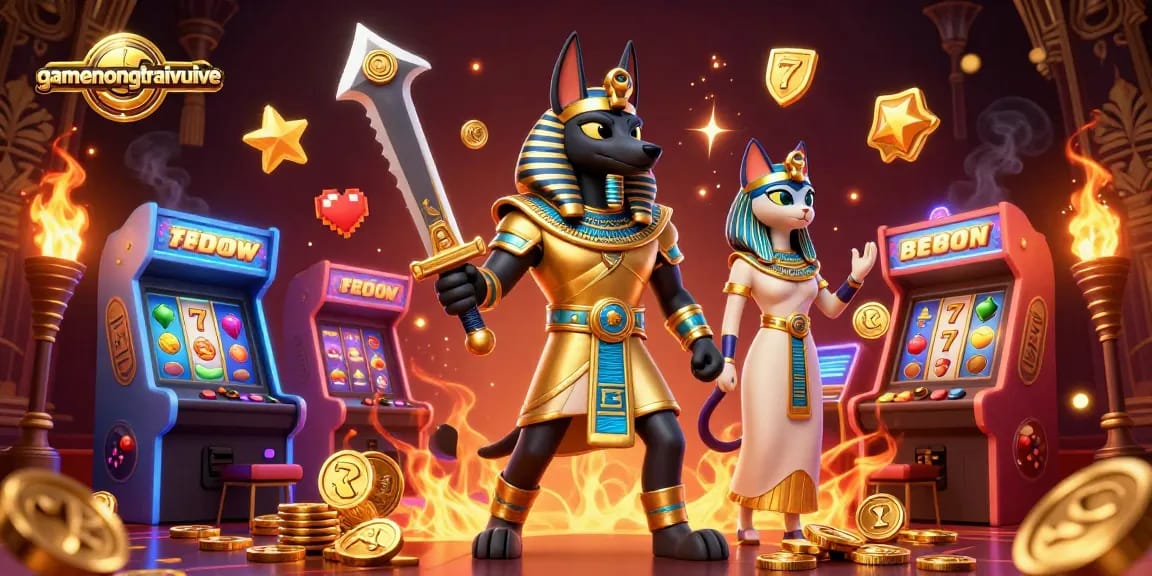 Experience gamenongtraivuive with an ancient Egyptian warrior and casino elements in an enchanting 3D scene.