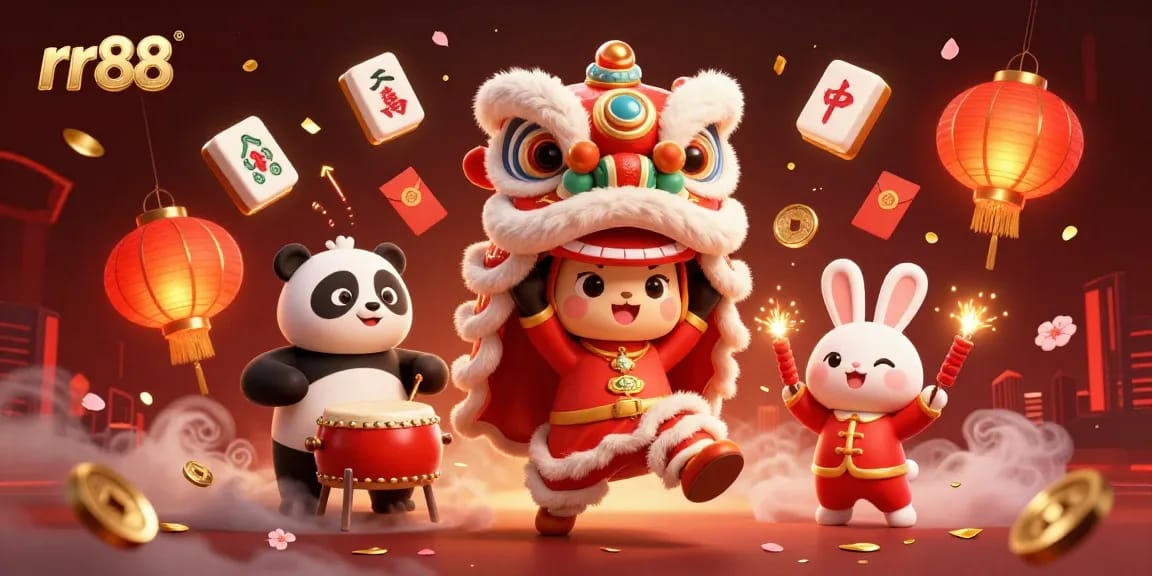 rr88 showcases an exciting lion dance in a festive casino atmosphere with dynamic game elements.