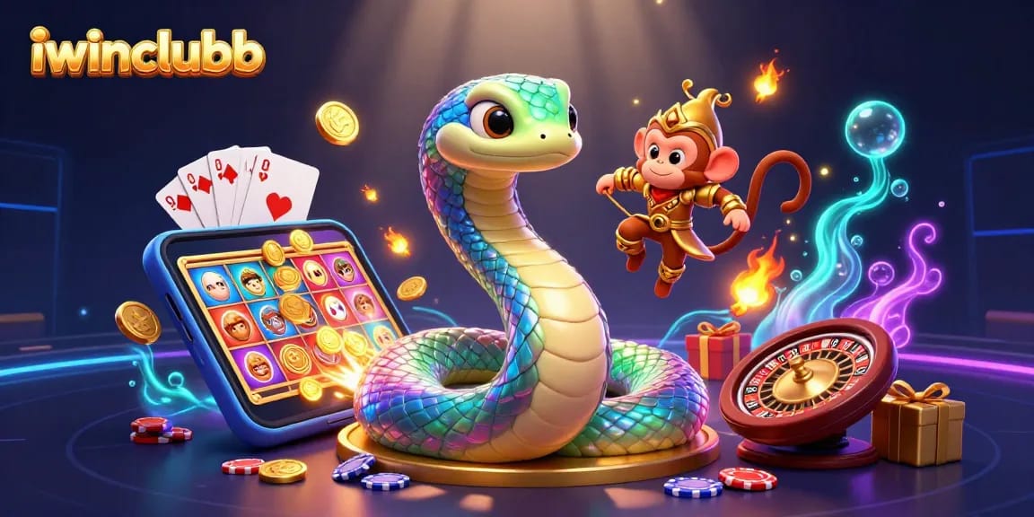 Engage with iwinclubb's vibrant slot games featuring a dazzling serpent and monkey king in a lively casino scene.