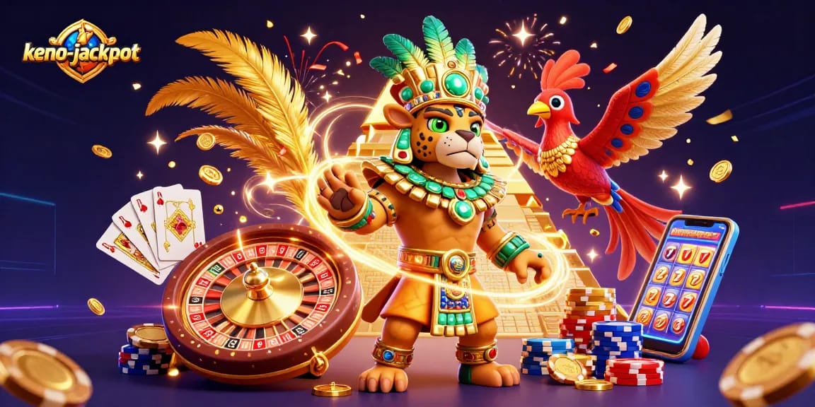 Engage in thrilling keno-jackpot gameplay with a vibrant 3D casino scene featuring iconic characters and lively game elements.