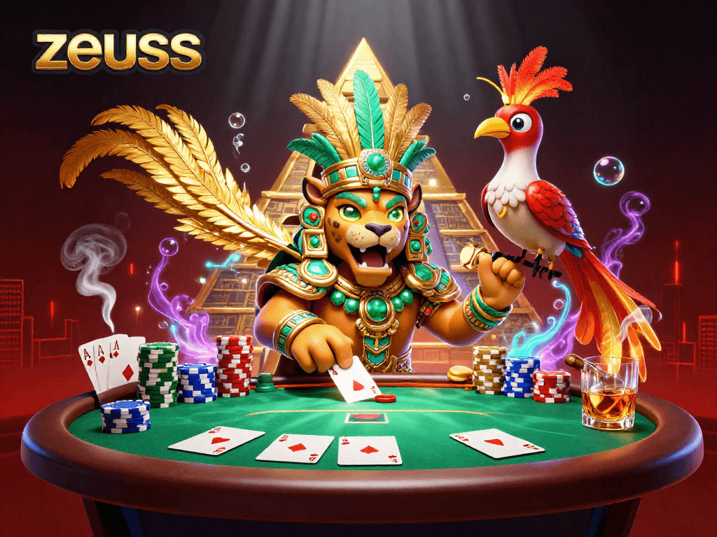 Engage with Zeus through dynamic gameplay featuring poker and vibrant characters in a colorful casino environment.
