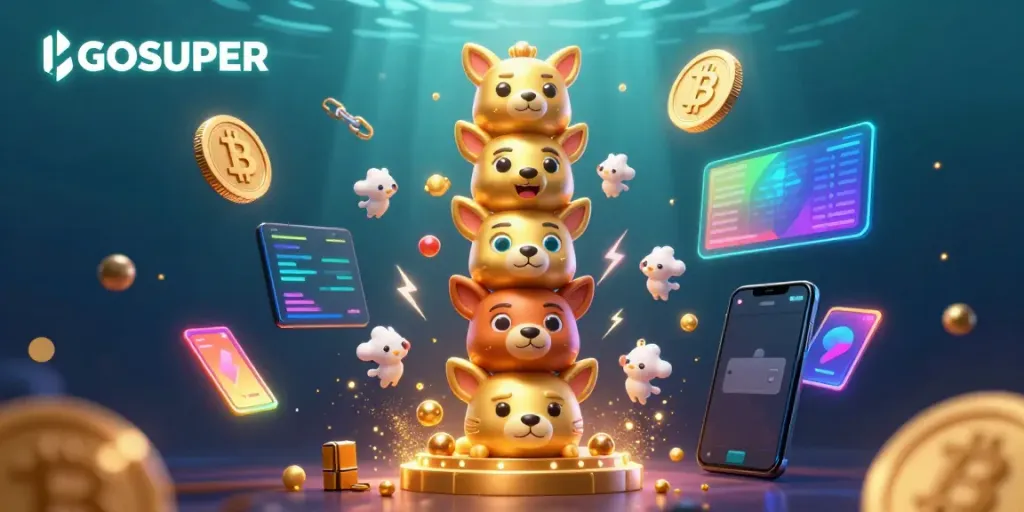 Engage with LGOSUPER's vibrant casino elements in this dynamic 3D illustration, showcasing colorful coins and cheerful totem.