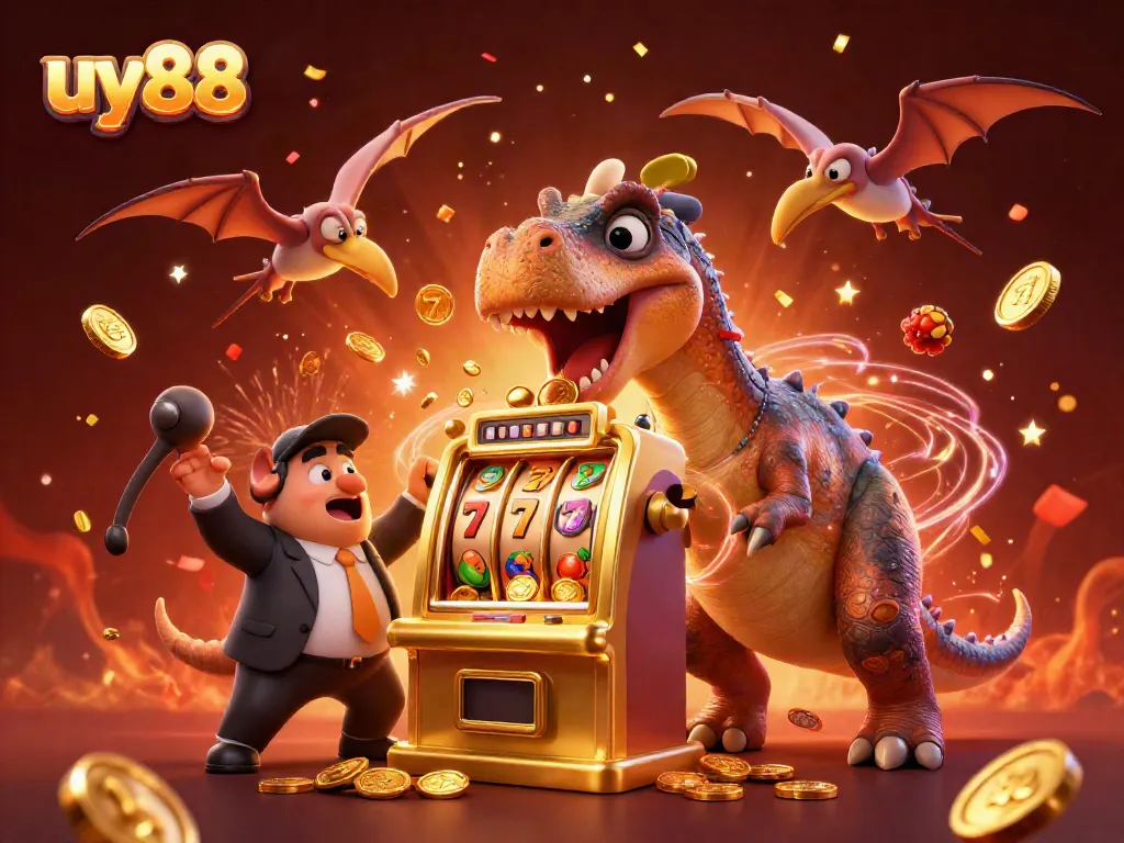 Uy88 jackpot scene with a cartoon dinosaur winning golden coins and a panicked ankylosaur casino manager.