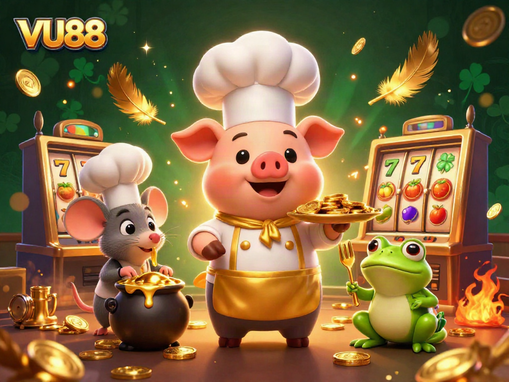 Experience VU88 with a 3D chef pig serving gold coins amidst vibrant casino elements.