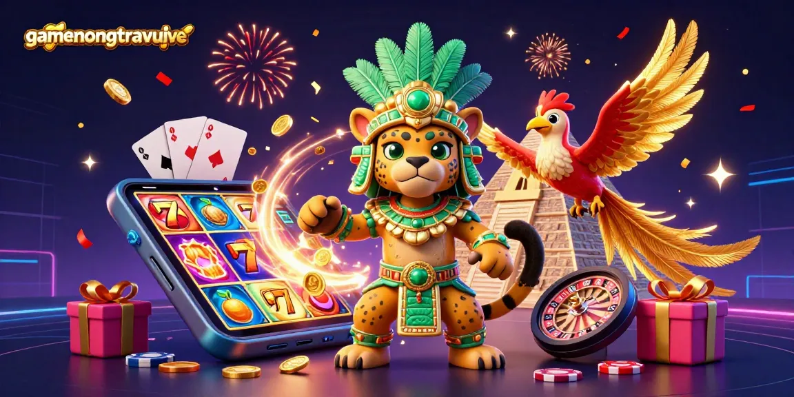 Experience gamenongtraivuive excitement with a vibrant 3D scene of a Mayan priest, casino elements, and dynamic energy