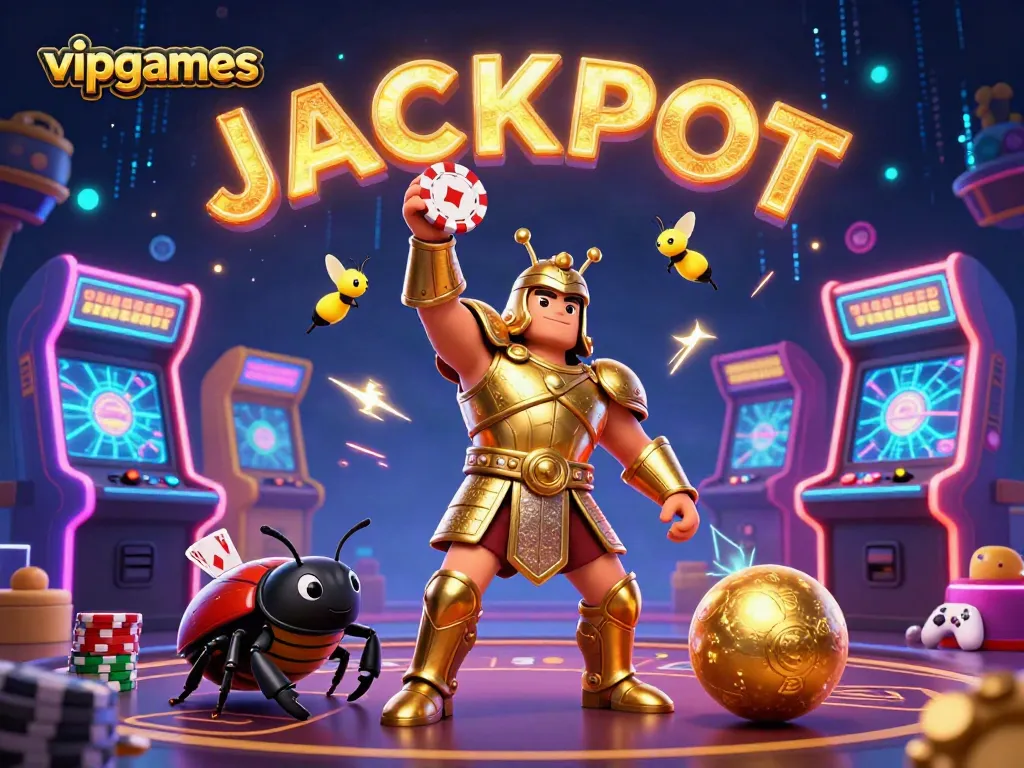 Win big at vipgames with a vibrant scene featuring a victorious hercules beetle and dynamic gaming elements.