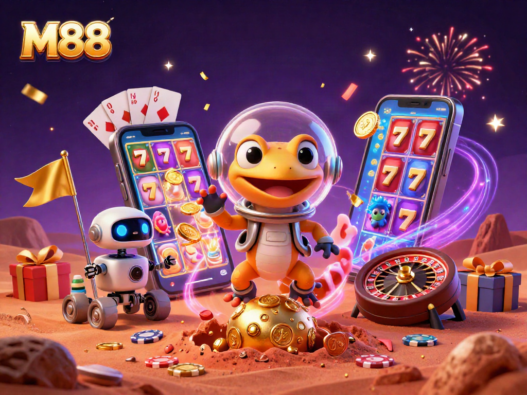 M88 showcases a Martian gecko exploring a golden casino with festive elements and exciting games.