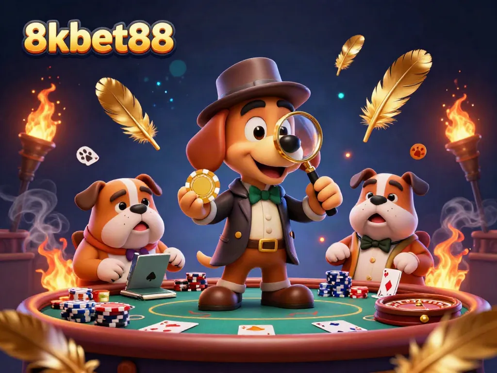 Engage in thrilling poker action at 8xbet88 with a detective examining poker clues, embodying winning strategies.