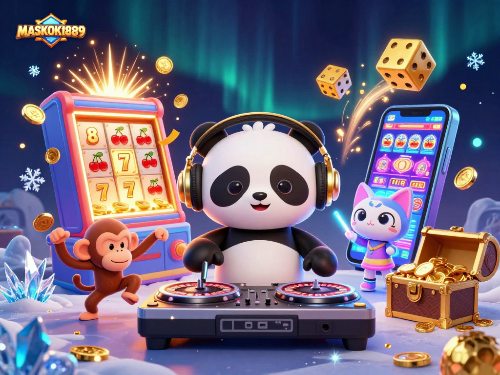 Experience the excitement of MASKOKI889 with a vibrant casino-themed illustration featuring lively characters and dynamic game elements.