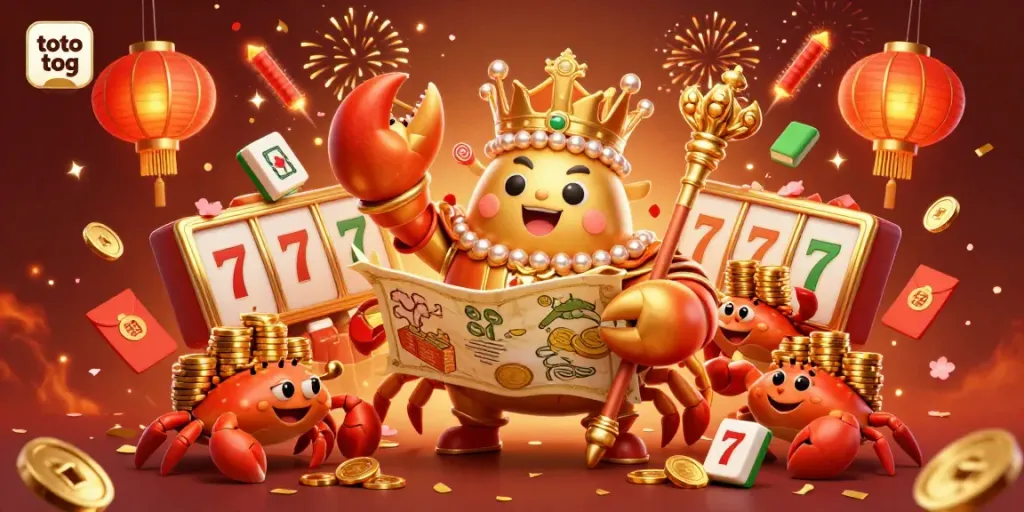 Experience the excitement of toto tog as a golden crab emperor leads the casino fun with vibrant gaming elements.