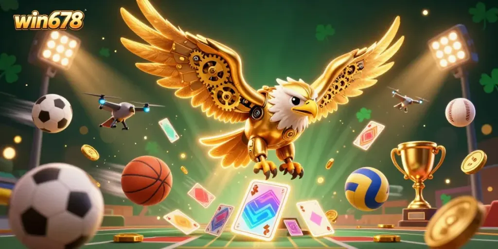 Experience the thrilling excitement of win678 as cybernetic eagles soar amidst dynamic sports elements and golden trophies.