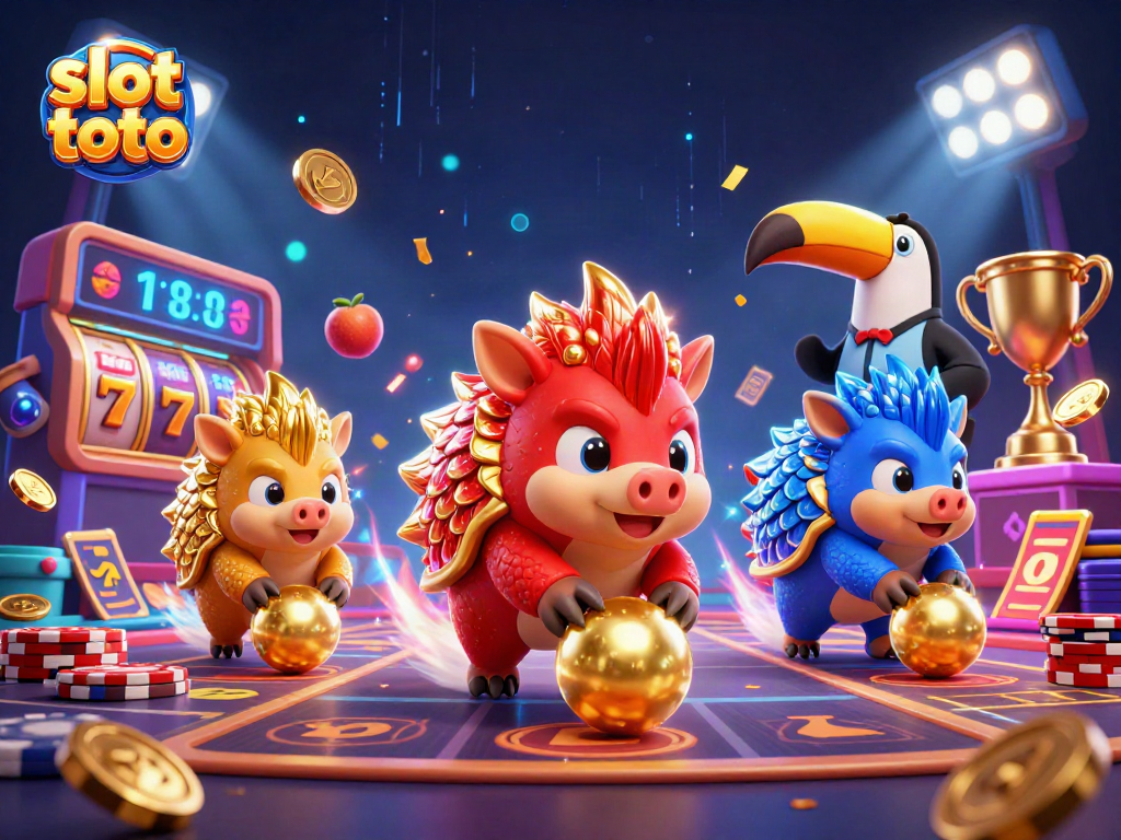 Engage in slot toto gaming with rival pangolins, vibrant slots, and golden confetti.