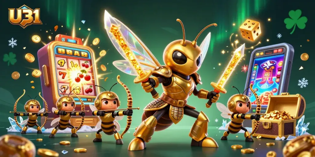 Engaging U31 casino illustration featuring a golden hornet samurai amidst slot machines and celebratory elements.