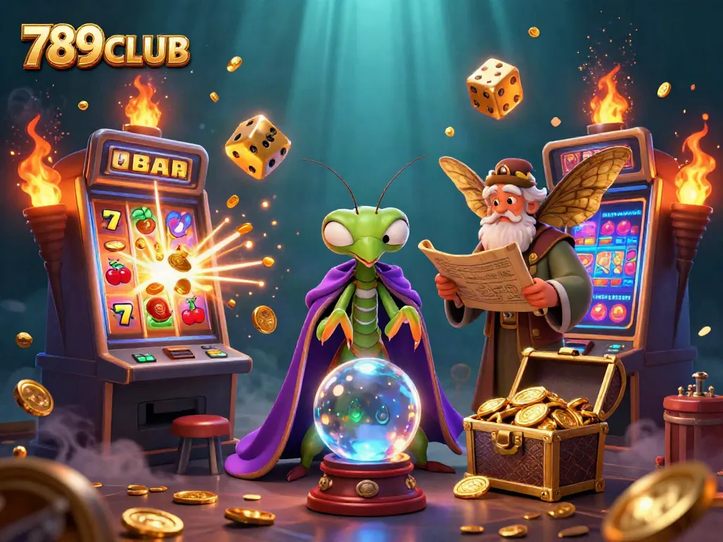 A captivating scene of 789CLUB with a mystical fortune teller and ancient librarian amidst vibrant casino elements and dynamic jackpot bursts.