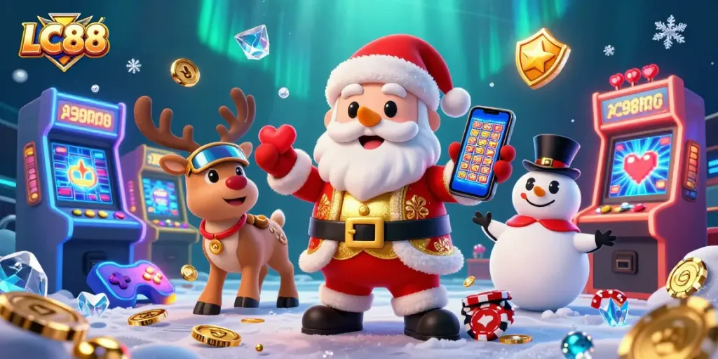 Engage with LC88's vibrant casino world featuring Santa, reindeer dealer, and poker snowman.