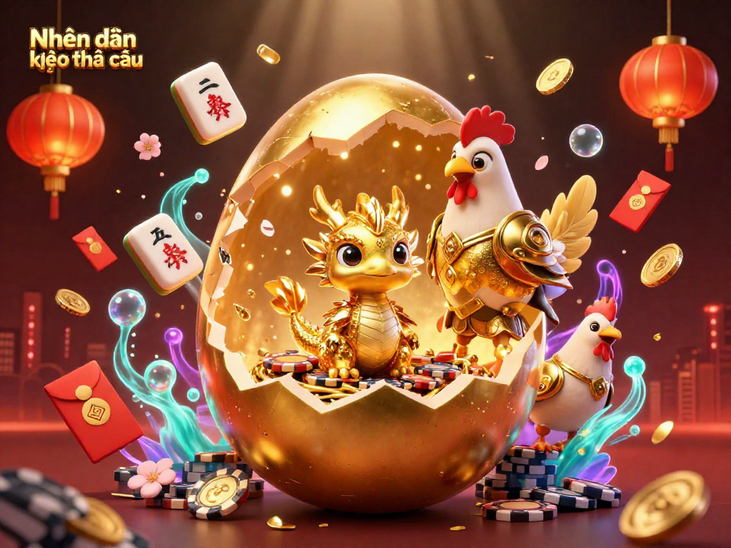 Engage with Nhận định kèo nhà cái through this vibrant, energetic illustration of a golden dragon, poker chips, and festive casino elements.