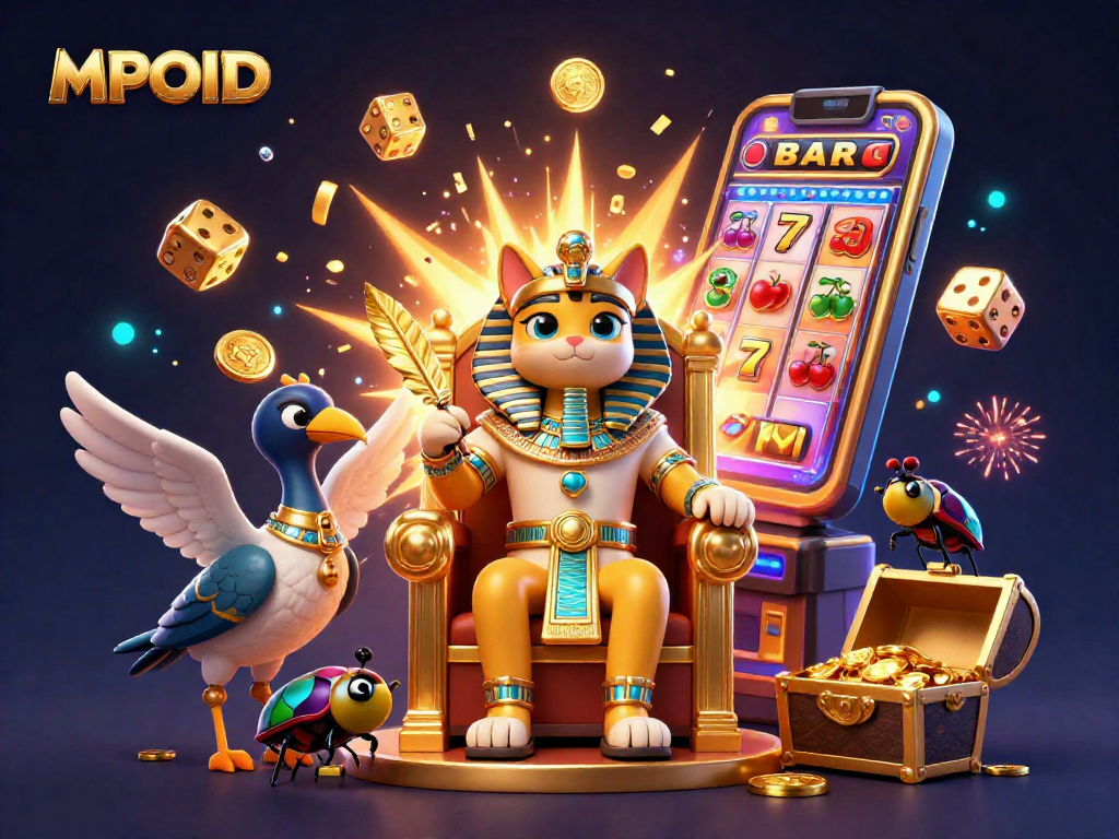 MPOID connected players winning with colorful slots, jackpot machines, gold coins, and engaging gambling actions.