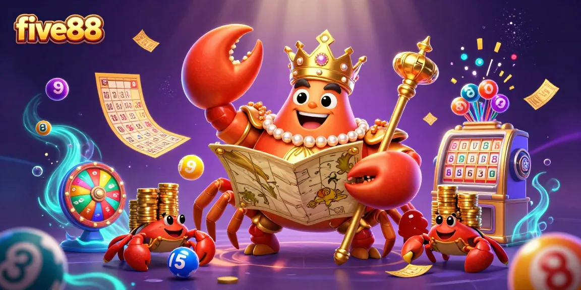 Experience the excitement at five88 with our dynamic casino scene featuring a golden crab emperor and thrilling lottery elements.