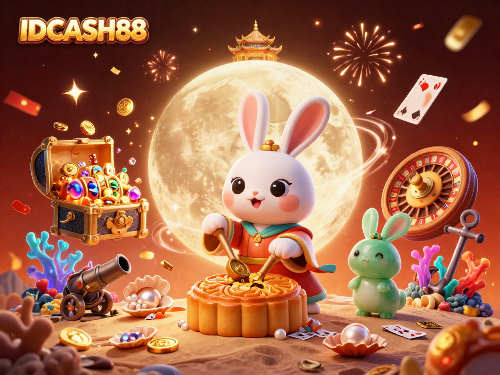 Experience the excitement of IDCASH88 with a vibrant lunar-themed illustration featuring gaming elements.