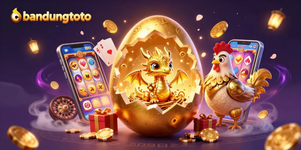 Engage with bandungtoto's vibrant gaming world featuring a golden dragon, poker chips, and dynamic game elements.