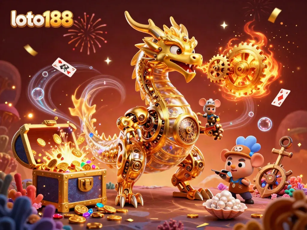 Experience thrilling казино games with loto188's 3D dragon breathing gears amid vibrant treasure.