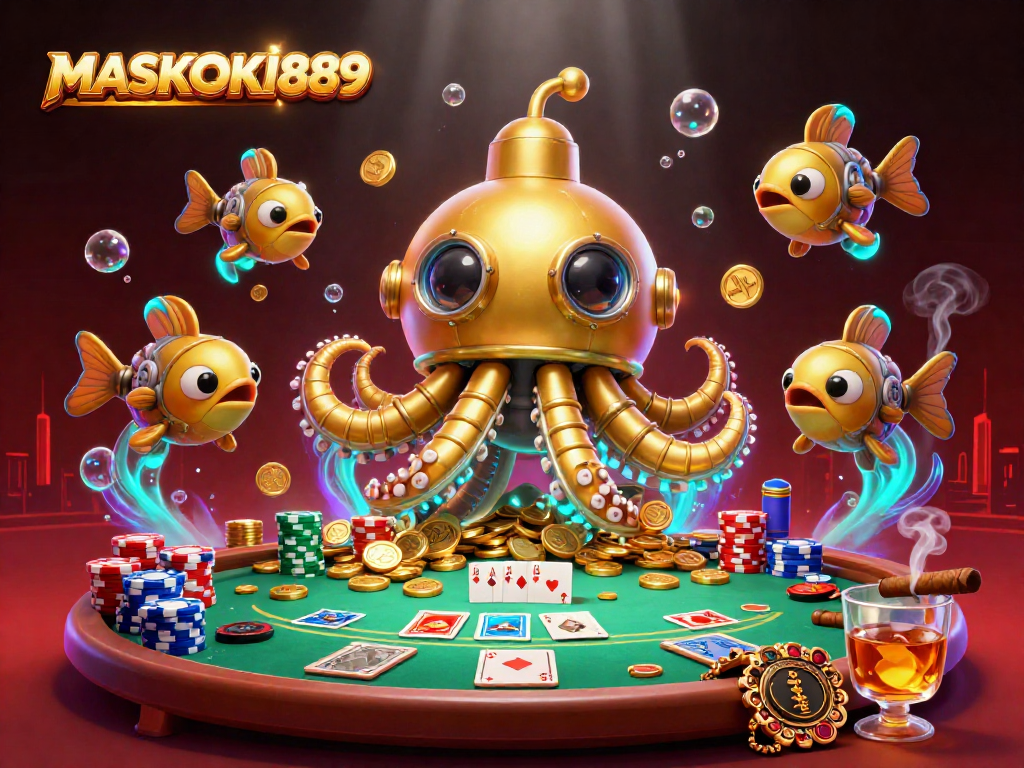 Play poker with the golden kraken and mechanical fish at MASKOKI889 while surrounded by riches.