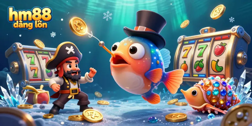 Engage in thrilling gaming with hm88 đăng nhập, featuring an anglerfish attracting coins and lively slot elements.