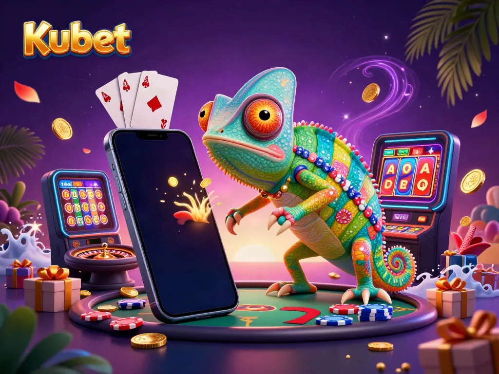 Kubet captures the allure of casino gaming with a vibrant chameleon owner among exciting slot and table games.