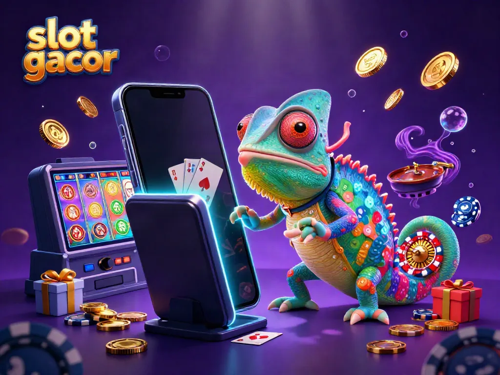 Slot gacor menampilkan chameleon kasino 3D dengan koin emas di sekitar permainan slot