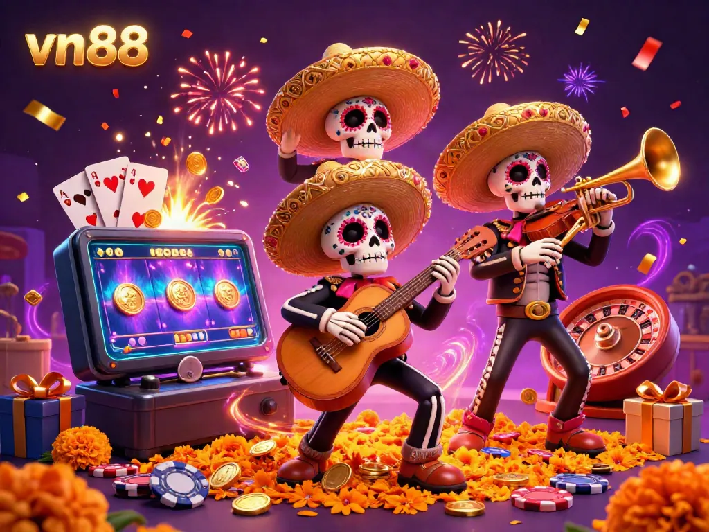 Experience big wins with vn88 at a vibrant casino scene featuring a lively skeleton mariachi band and dynamic gaming elements.