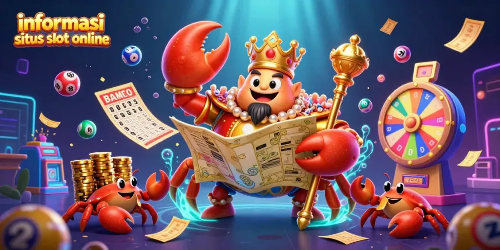 Permainan slot online yang menyenangkan dan informatif tentang informasi situs slot online, dikelilingi oleh bola lotere berwarna dan efek uang.