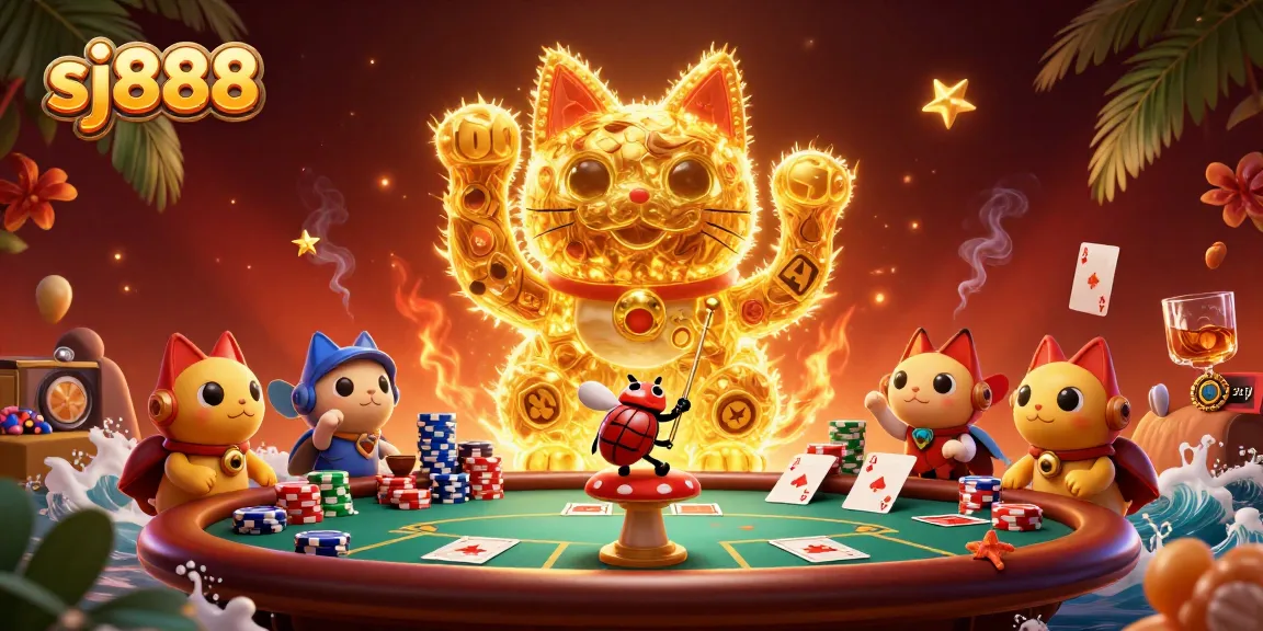 Reveal the exciting sj888 gaming world with a golden lucky cat symbolizing casino fortune.