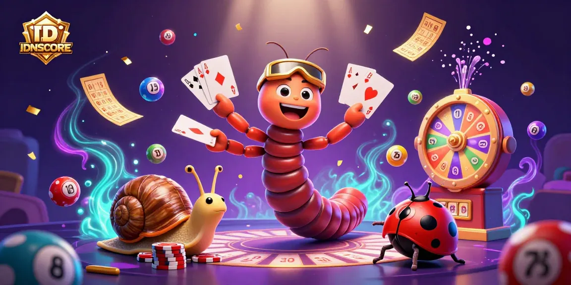 Experience excitement with IDNSCORE as a millipede dealer and high-rolling snail create a lively jackpot scene.