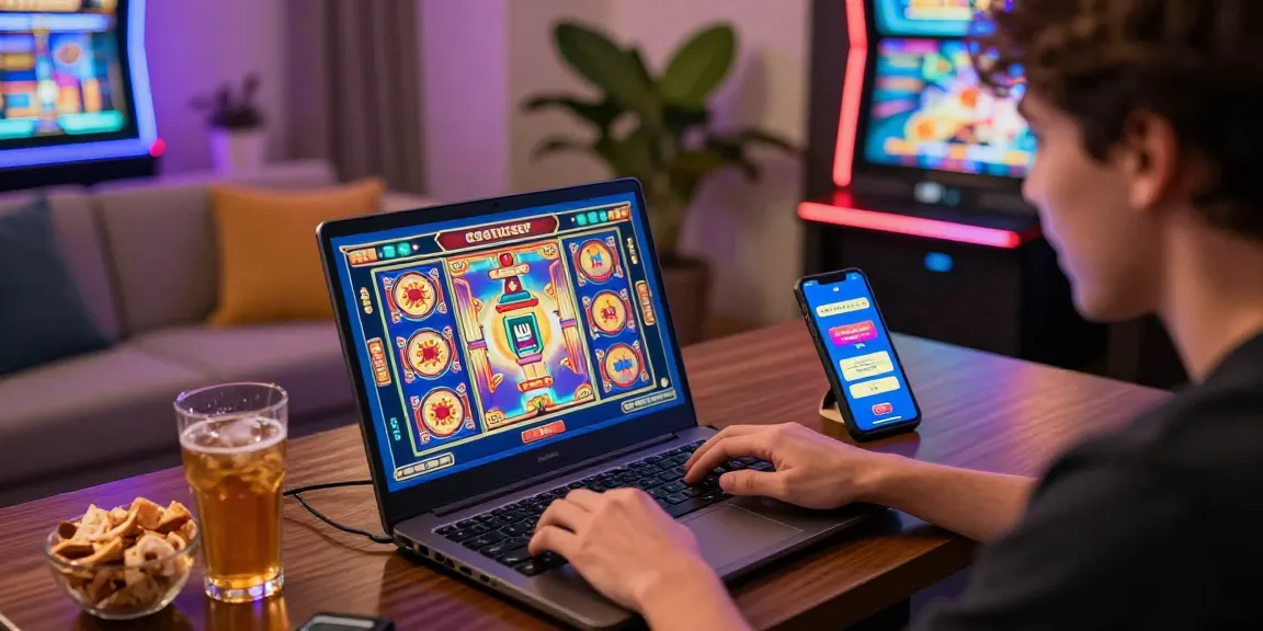Pengguna COLOKSGP bermain slot online dengan penuh semangat, dikelilingi suasana nyaman dan dekor modern.
