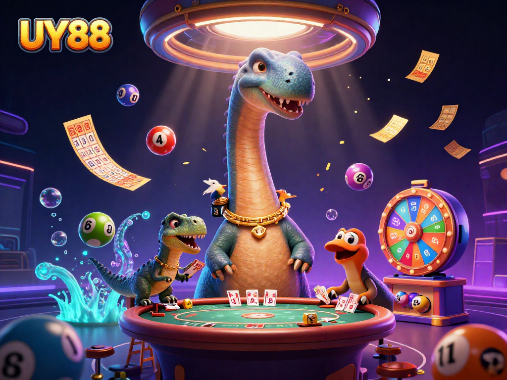 Spin and win at UY88 with a whimsical scene featuring a brontosaurus and clever raptor in a vibrant casino backdrop.