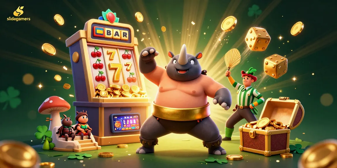 Experience the thrill of slidegamers with a sumo beetle champion amid casino games and vibrant gold.