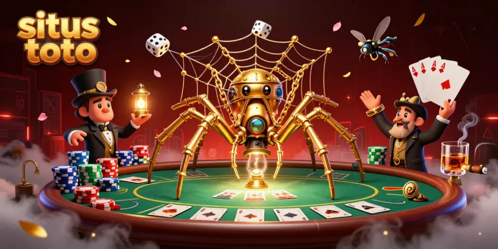 Experience situs toto like never before, where the steampunk spider catches dice amidst a vibrant gaming atmosphere.