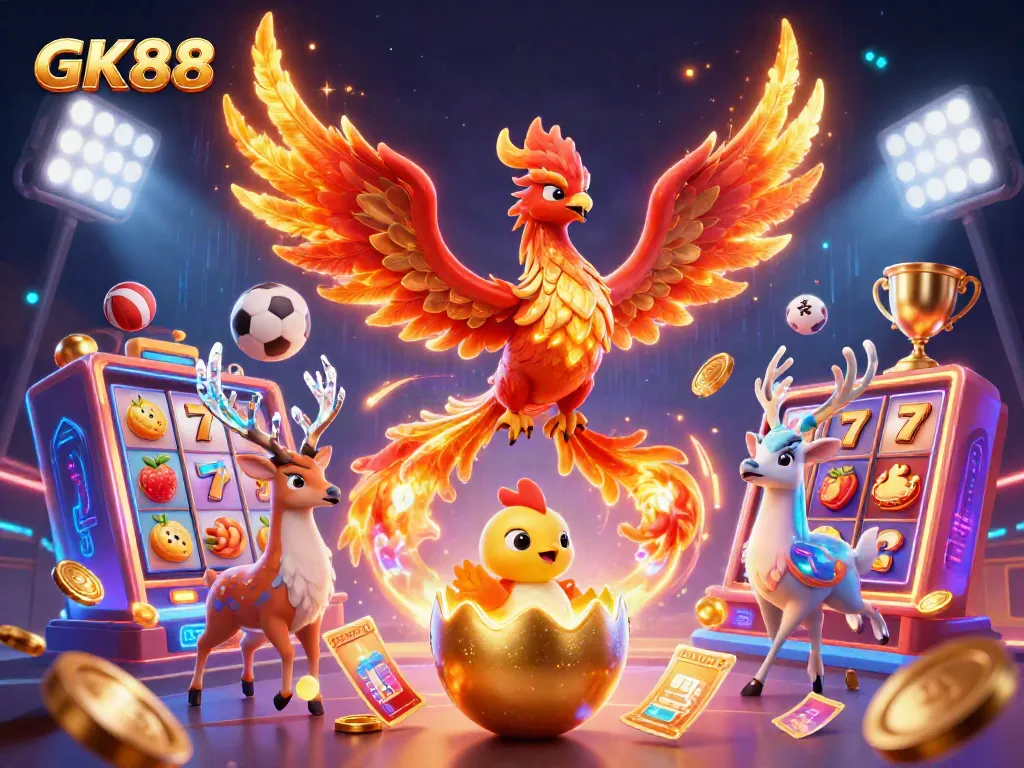GK88 features a vibrant 3D phoenix and golden elements in a dynamic casino scene.
