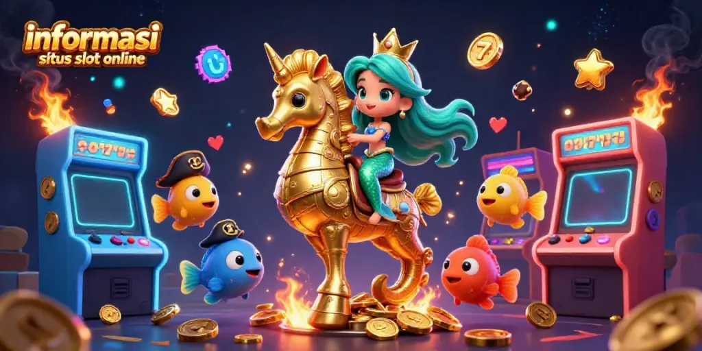 Menunjukkan informasi situs slot online dengan putri duyung mengendarai kuda laut dan simbol jackpot dalam desain kasino.