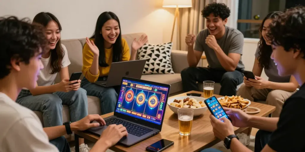 Friends enjoying online slot gacor gaming session in a vibrant living room, showcasing excitement and connection.