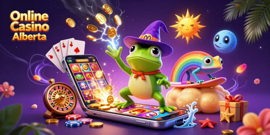 Winning at Online Casino Alberta with themed characters, vibrant games, and financial excitement.