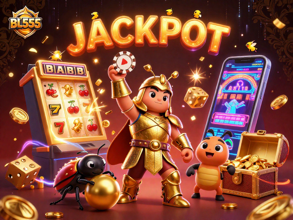 Play huge wins at BL555 with a vibrant scene of victory as fireflies spell JACKPOT above a golden beetle.