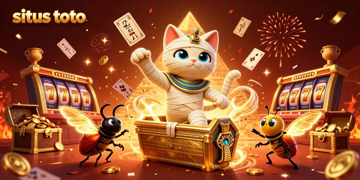 Engage in thrilling gameplay at situs toto with an Egyptian mummy cat amidst dazzling casino elements.