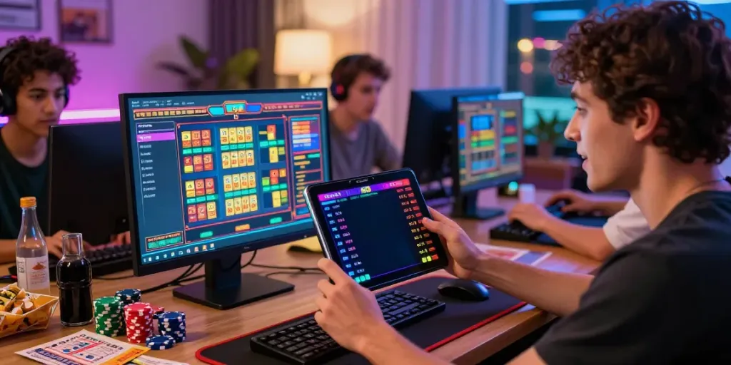 Players enjoying the excitement of toto togel and slot games in a lively home gaming environment.