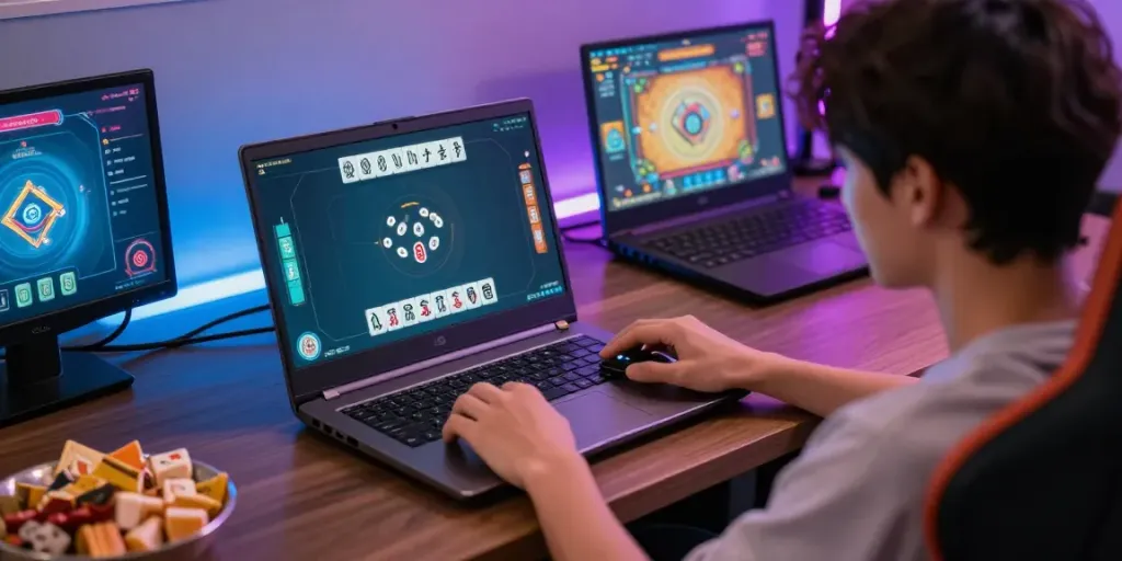 Pengguna mesinmpo bermain Mahjong Ways 2 di laptop gaming dengan suasana yang menyenangkan.