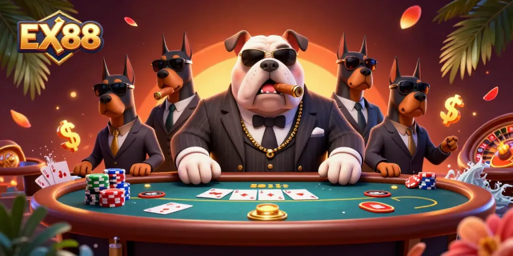 Engaging EX88 casino promotion featuring a mafia bulldog and Doberman bodyguards at a vibrant poker table scene.
