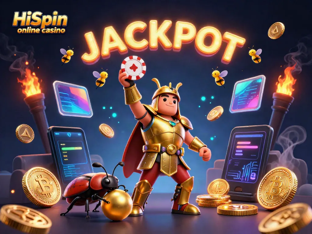 Experience the excitement of HiSpin online casino with a victorious beetle champion lifting a poker chip.