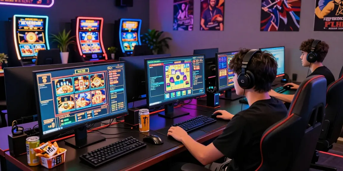 Pengalaman bermain di situs slot gacor dengan gamer serius, monitor penuh warna, dan suasana menarik.