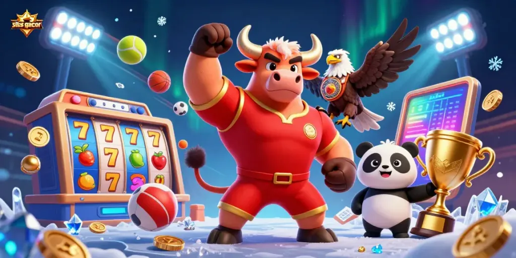 Slot jackpot dalam permainan situs gacor dengan karakter lucu merayakan kemenangan.
